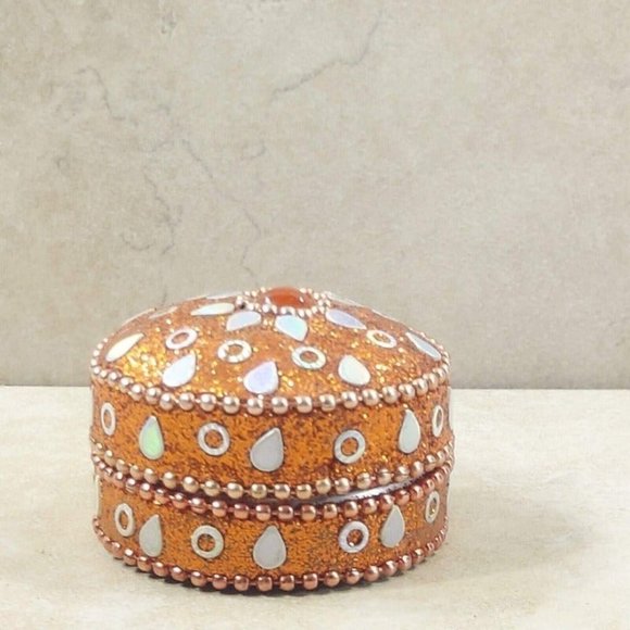 VTG Jewelry Box Orange Round Glitter Trinket Gift Beads Ornament Velvet Interior - Picture 12 of 12